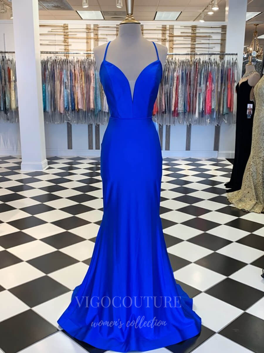 Blue Satin Two Piece Mermaid Lace Long Prom Dresses With Sweep Train, –  Simidress
